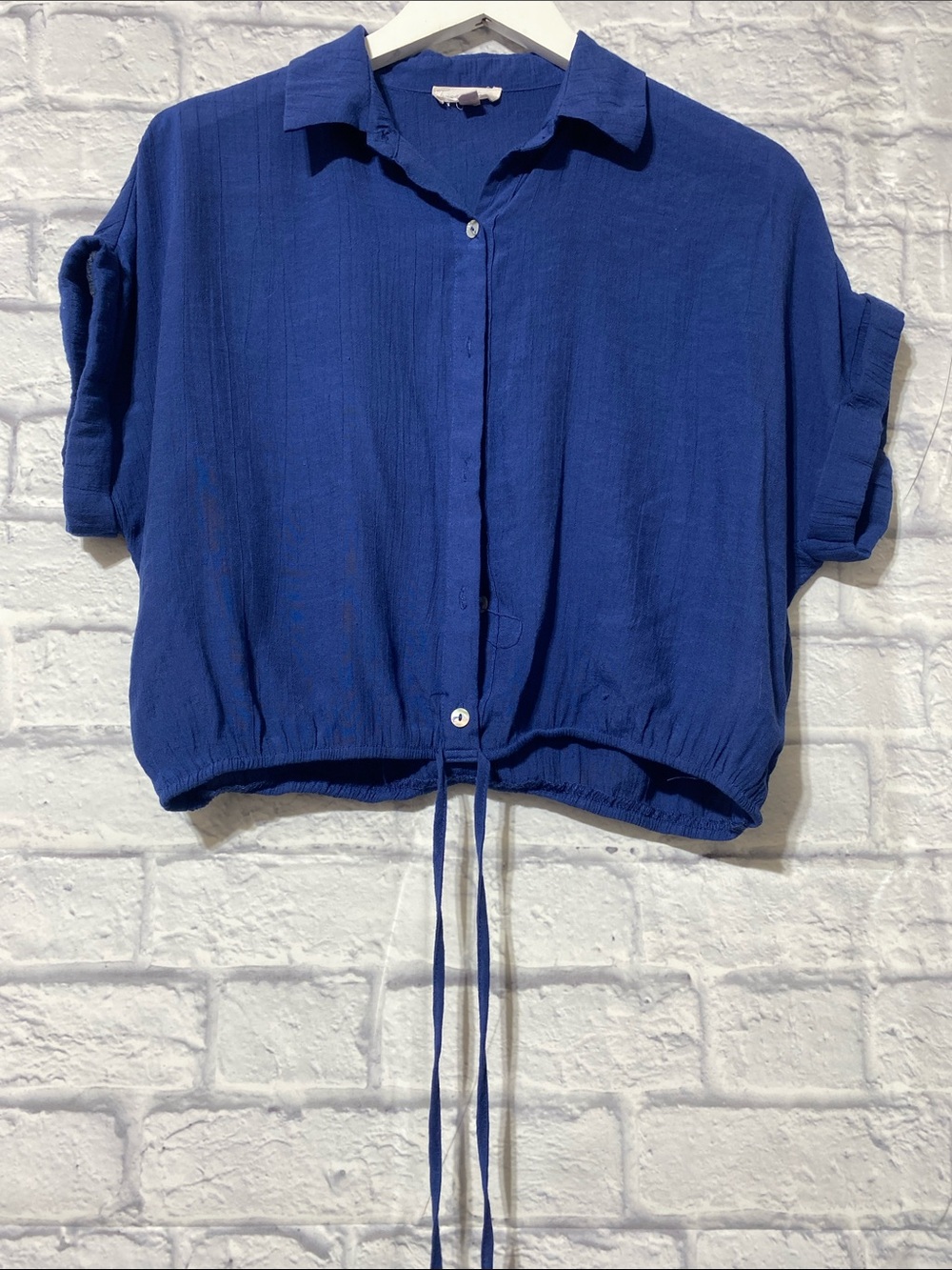 Cobalt Blue Button-Down Drawstring Crop Shirt - Women